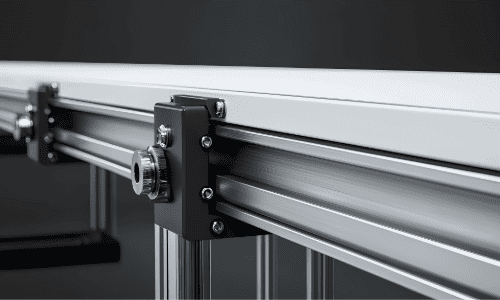 A close-up of an aluminium linear rail system showcasing precise engineering and robust construction for automation applications.