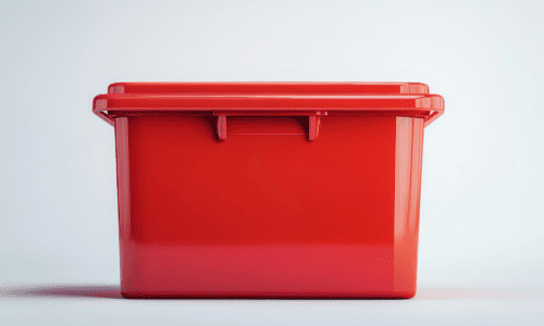 Red plastic storage container with lid